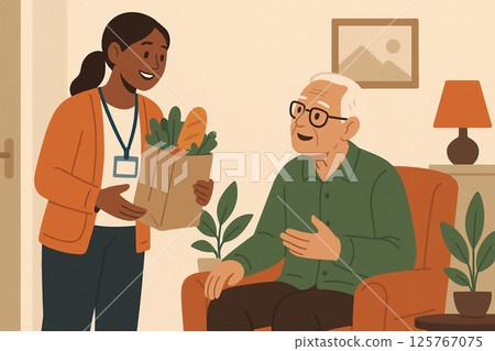 微笑的工作人員為老年人送去購物 125767075