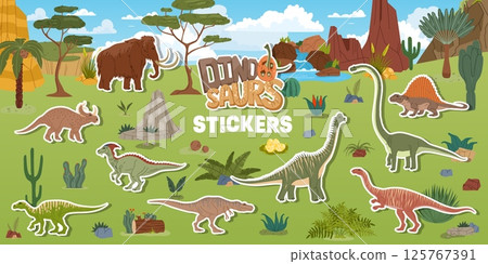 Prehistoric era cartoon dinosaur characters stickers pack. Vector patches with dino animal species and mammoth roam amidst Jurassic landscape with lush greenery, palms, rocks, mountains and waterfall Prehistoric era cartoon dinosaur characters stickers pack. Vector patches with dino animal species and mammoth roam amidst Jurassic landscape with lush greenery, palms, rocks, mountains and waterfall 125767391