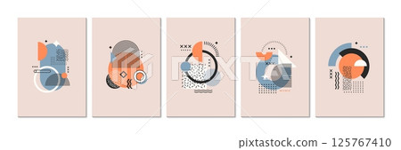 Abstract geometric memphis posters with modern pattern of vector line graphic elements and shapes. Trendy minimal art abstract memphis patterns with color circles, squares, triangles, arches and waves 125767410