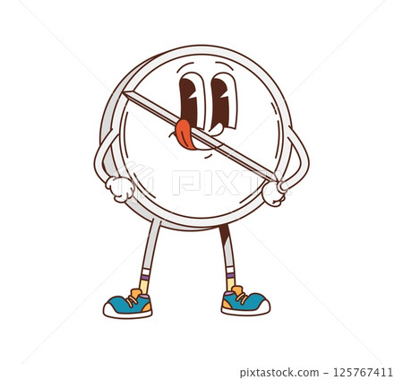 Cartoon groovy medicine pill character. Isolated vector round medical tablet, healthcare painkiller retro y2k personage conveying playful vintage vibe of health and treatment posing with hands on hips 125767411