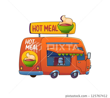 Cartoon orange food truck van serving hot meals. Vector vintage festival street foodtruck car featuring large sign with steaming food bowl on top, service window with kitchen setup inside and awning 125767412