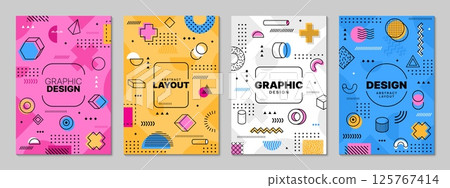 Memphis posters with abstract geometric shapes. Vector modern backgrounds, vertical cards or cover templates feature vibrant colors, dynamic figures and bold patterns, exude a playful aesthetic of 80s 125767414
