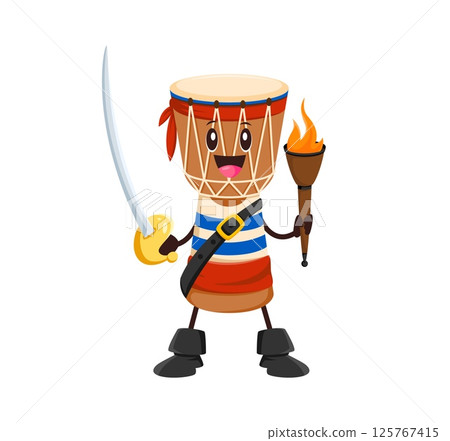 Cartoon groovy musical instrument pirate or corsair character, vector djembe drum. Groovy African drum as Caribbean pirate with saber sword and fire torch in corsair bandana with funny happy face 125767415