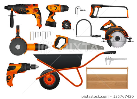Construction diy tools set. Realistic 3d vector woodworking drill, saw, wheelbarrow and measuring instruments in orange and black. Essential equipment for carpentry, home improvement and diy projects 125767420