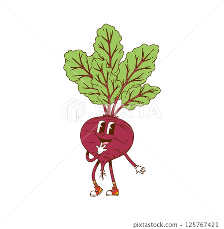 Cartoon groovy beet character with funny face, vector comic vegetable personage. Groovy beet with shy smile or happy laugh on silly face for cute veggie character or farm vegetable funky emoji 125767421