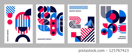 Business poster templates with abstract geometric pattern of blue pink line shapes. Vector modern minimal art pattern of circles, squares and triangles, dots and arches, abstract geometric posters set 125767423