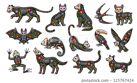 Animal skeleton tattoo of Mexican day of the dead sugar skull cat, owl, bat, frog and wolf. Dog, chameleon, bird, toucan and parrot. Vector Dia de los muertos creatures with floral patterns and bones Animal skeleton tattoo of Mexican day of the dead sugar skull cat, owl, bat, frog and wolf. Dog, chameleon, bird, toucan and parrot. Vector Dia de los muertos creatures with floral patterns and bones 125767424