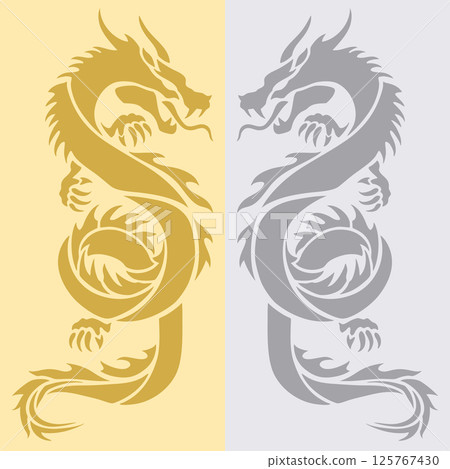 Silhouette of two dragons facing each other Gold and silver background 125767430
