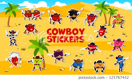 Cartoon cowboy and bandit berry characters stickers pack. Western cherry, strawberry, blackberry and raspberry. Blueberry, green and purple grape, cranberry, blackcurrant and redcurrant fruit patches 125767432