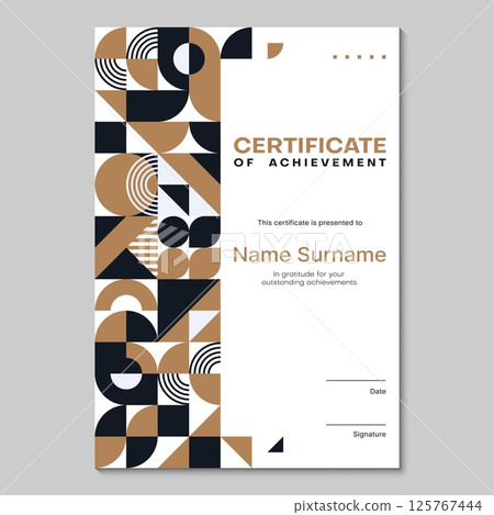 Certificate template with golden geometric abstract pattern, vector diploma layout. Certificate of appreciation template with abstract geometric pattern of achievement and award for best success Certificate template with golden geometric abstract pattern, vector diploma layout. Certificate of appreciation template with abstract geometric pattern of achievement and award for best success 125767444
