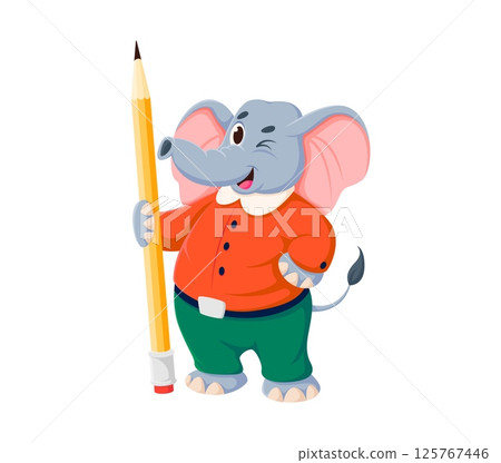 Cartoon funny elephant character with pencil, vector animal mascot for kids. Cute elephant with happy face and winking, holding a pencil for kids kindergarten or preschool education and animal mascot Cartoon funny elephant character with pencil, vector animal mascot for kids. Cute elephant with happy face and winking, holding a pencil for kids kindergarten or preschool education and animal mascot 125767446