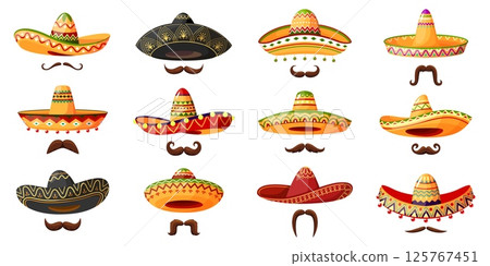 Mexican cowboy sombrero hats with moustaches. Isolated cartoon vector set of traditional charro caps paired with mustaches, symbolizes Latin culture, festive spirit and traditions of Mexico country Mexican cowboy sombrero hats with moustaches. Isolated cartoon vector set of traditional charro caps paired with mustaches, symbolizes Latin culture, festive spirit and traditions of Mexico country 125767451