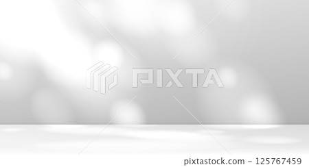 Empty room bg with shadows. 3d vector white abstract studio background with light spots on the wall, evokes calm and tranquil atmosphere. Backdrop for product presentation or advertising promotion Empty room bg with shadows. 3d vector white abstract studio background with light spots on the wall, evokes calm and tranquil atmosphere. Backdrop for product presentation or advertising promotion 125767459