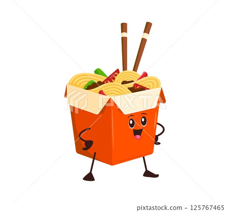 Cartoon funny Asian wok box with noodles fast food character. Isolated vector confident ramen personage with bamboo chopsticks. Happy kawaii noodle meal in red carton package standing with arms akimbo 125767465