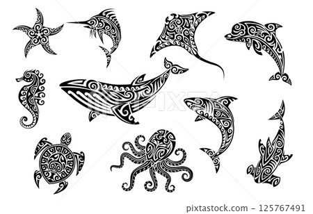 Tribal sea animal Maori tattoo set featuring black silhouettes of ocean creatures with swirling patterns. Vector shark, star, whale, dolphin and sea horse, octopus, turtle or stingray with swordfish 125767491