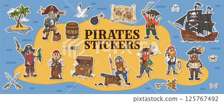 Stickers pack of groovy pirate and corsair characters on treasure island map vector background. Cartoon groovy psychedelic pirate captains, sailor and gunner personages with sail ship, hats and swords Stickers pack of groovy pirate and corsair characters on treasure island map vector background. Cartoon groovy psychedelic pirate captains, sailor and gunner personages with sail ship, hats and swords 125767492