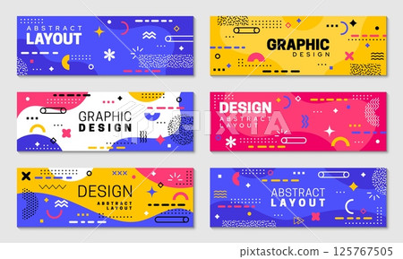 Geometric Memphis banners with abstract patterns. Vector horizontal cards with modern, and dynamic design captures vibe of 80s ethos. Layouts with vibrant colors, bold ornaments and eclectic shapes 125767505