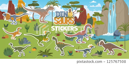 Prehistoric era dinosaur characters sticker pack. Vector patches set of dino animals in Jurassic era landscape with mountains, trees, ferns or waterfall. Cartoon ancient reptile species on wild nature 125767508
