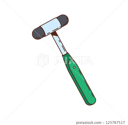 Cartoon groovy reflex hammer with a green handle and a dual sided rubber head. Vector medical tool used by doctors to test deep tendon reflexes and neurological responses in clinical examinations 125767517