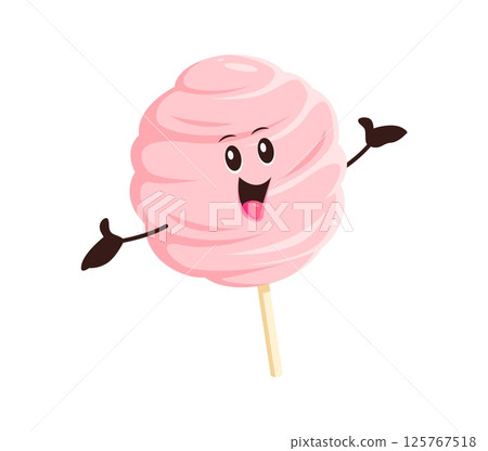 Cartoon funny cotton candy or fast food dessert character, vector personage. Cute pink candyfloss with happy face and smile or laugh for fast food sweet dessert character and kids candy emoji Cartoon funny cotton candy or fast food dessert character, vector personage. Cute pink candyfloss with happy face and smile or laugh for fast food sweet dessert character and kids candy emoji 125767518