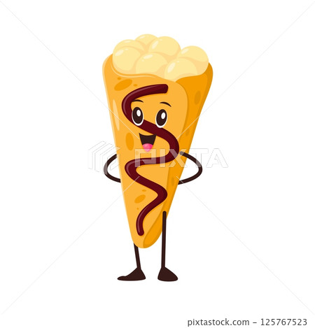 Cartoon pastry dessert or fast food funny character, vector personage. Ice cream in wafer or custard cream in wafer cone with chocolate syrup and happy face for fast food sweet dessert character 125767523