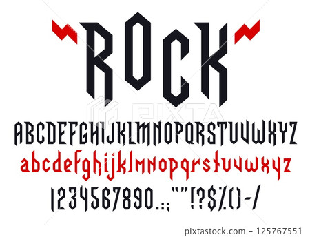 Heavy metal rock music font, musical type letters, punk typeface alphabet. Hard rock music band tattoo font vector typography set of grunge black red letters and numbers. Sharp gothic type abc signs 125767551