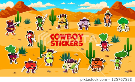 Cartoon cowboy, bandit and sheriff vegetable characters stickers, vector Wild West pack. Western Stickers of cartoon carrot cowboy in Arizona desert with cauliflower sheriff and cucumber bandit ranger 125767558