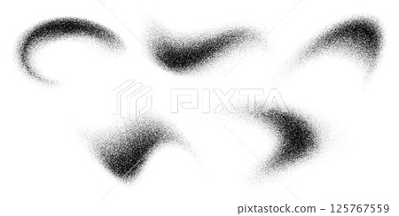 Noise grain wave spray. Sand, dust, powder clouds and splashes. Vector set of black particle dispersion brushes as dense grainy clusters scattered specks, abstract, textural, gritty and grungy pattern 125767559