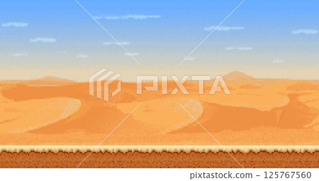 Sand dunes 8bit pixel art game desert landscape with rolling sand dunes, clear blue sky, and ground layer. Vector retro 8 bit platformer game level, side scrolling adventure or nostalgic videogame 125767560