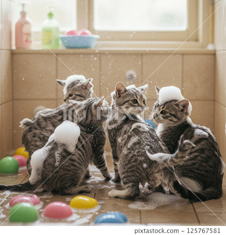 Bath time for bubbly kittens 125767581
