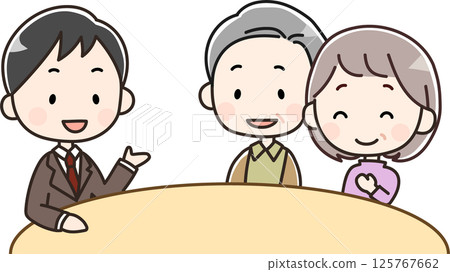 Illustration of an elderly couple receiving an explanation Illustration of an elderly couple receiving an explanation 125767662