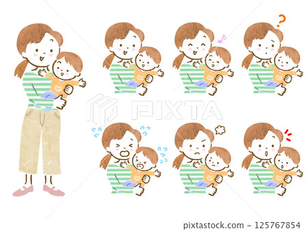 Set of facial expressions of a mother holding a little boy Set of facial expressions of a mother holding a little boy 125767854