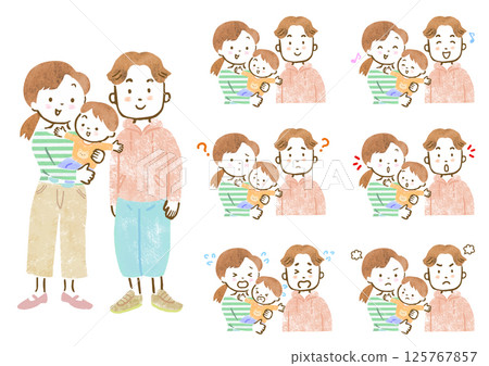 Set of facial expressions of mom and dad holding a little boy Set of facial expressions of mom and dad holding a little boy 125767857