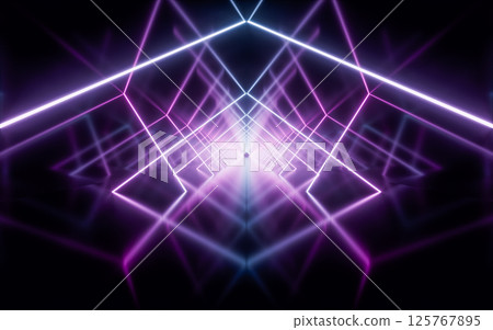 Glowing neon lines tunnel, 3d rendering. Glowing neon lines tunnel, 3d rendering. 125767895