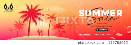 Summer sale, coconut tree silhouette, Man and woman standing on the beach enjoying the view banner  125768015