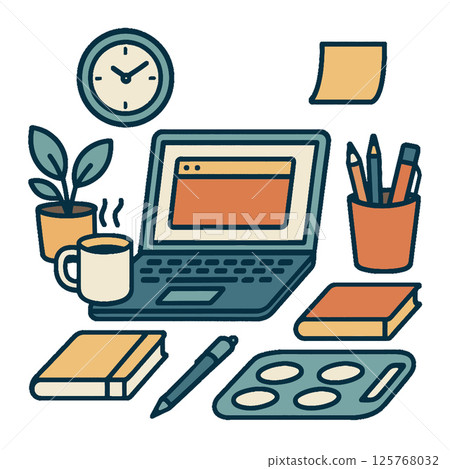 Cozy workspace with laptop, coffee, plants, and stationery, perfect for creativity 125768032