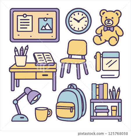Cozy study space with desk, chair, and various school supplies, creating warm atmosphere 125768038
