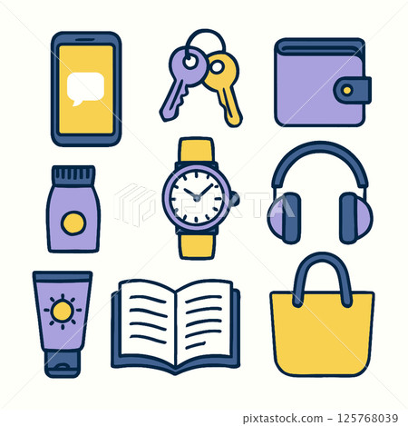 Smartphone keys wallet watch headphones sunscreen book tote bag colorful items create vibrant 125768039