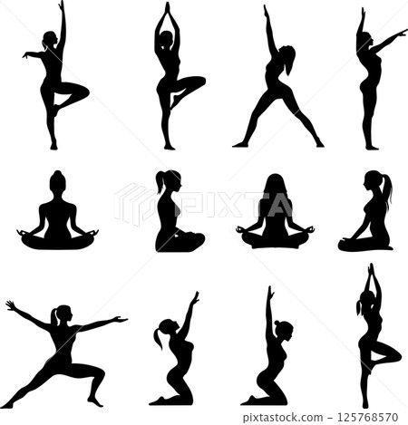 Set of silhouettes of women doing yoga and fitness 125768570
