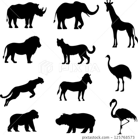 一群典型的稀樹草原動物的剪影 一群典型的稀樹草原動物的剪影 125768573