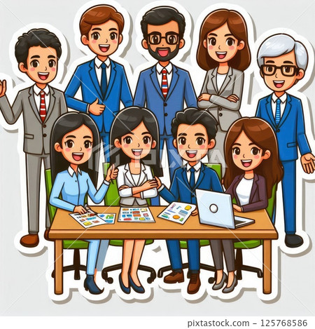 Cartoon Business Team Meeting with Generative AI. 125768586