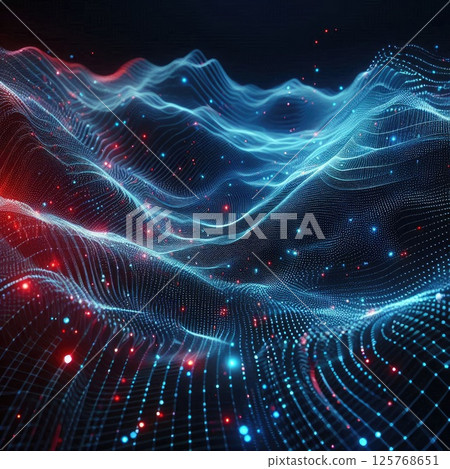 Futuristic Digital Wave: Abstract Data Landscape with Blue and Red Glowing Particles with Generative AI. 125768651