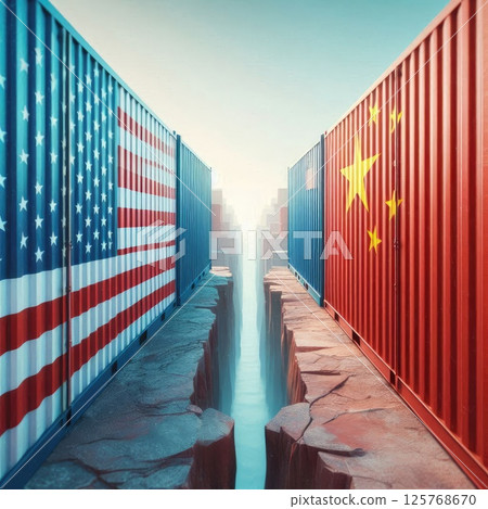 US and China Trade War Concept in Shipping Containers on Opposing Cliffs Representing Economic with Generative AI. 125768670