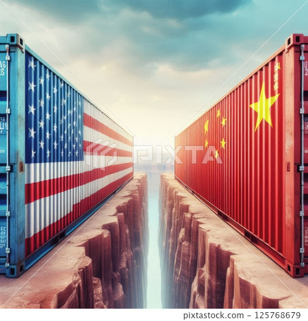 US and China Trade War Concept in Shipping Containers on Opposing Cliffs Representing Economic with Generative AI. 125768679