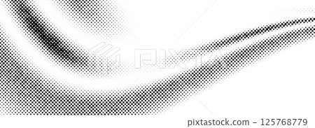Black halftone dot wave pattern. Abstract grain fluid texture background. Dotted grit curve wallpaper. Rasterized undulate swoosh overlay for poster, leaflet, booklet, banner, brochure, flyer. Vector Black halftone dot wave pattern. Abstract grain fluid texture background. Dotted grit curve wallpaper. Rasterized undulate swoosh overlay for poster, leaflet, booklet, banner, brochure, flyer. Vector 125768779