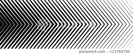 Black linear arrow background. Repeated triangle gradation pattern. Halftone fading angle stripe gradient texture. Thin to thick speed line concept backdrop for poster, print, cover, banner. Vector 125768780