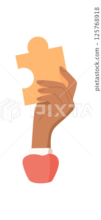 Hand holding a puzzle piece. Human character exchanges a puzzle item. Teamwork concept in cartoon graphic style, ideal for graphic use in presentations or educational materials. 125768918