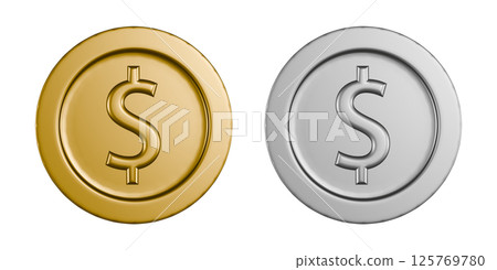 美元貨幣的金幣和銀幣。硬幣的透明3DCG插圖 美元貨幣的金幣和銀幣。硬幣的透明3DCG插圖 125769780