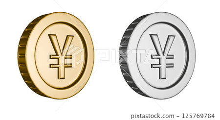 Gold and silver coins of Japanese yen currency viewed from a right angle. 3DCG illustration of transparent coins 125769784