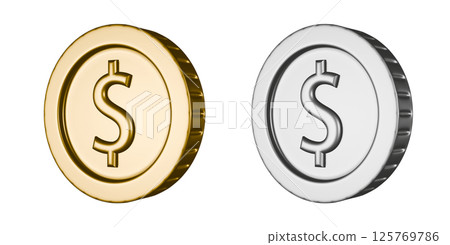 Gold and silver dollar coins viewed diagonally from the left. 3DCG illustration of transparent coins Gold and silver dollar coins viewed diagonally from the left. 3DCG illustration of transparent coins 125769786